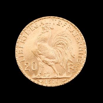 GULDMYNT, 20 franc, Frankrike, 1910. Vikt ca 6 gram.