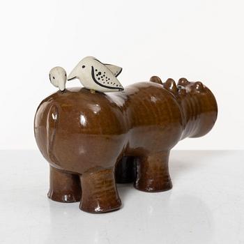 Lisa Larson, a 'Flodhäst med fåglar' (Hippo with Birds) figurine, Gustavsberg, Sweden.