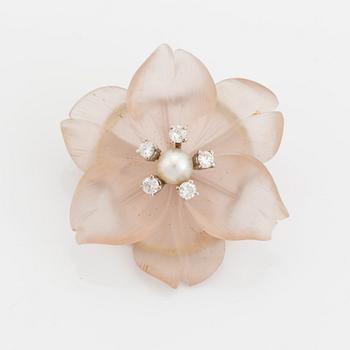 Carved rose quartz, brilliant cut diamond and pearl brooch.