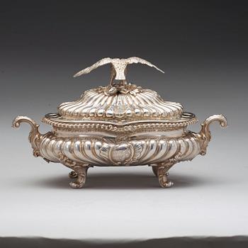 A pair of English mid 18th century silver tureens, marks of Frederick Kandler, London 1755.