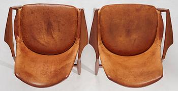 Ib Kofod-Larsen, a pair of teak and cognac coloured leather "Sälen" chairs, for Olof Perssons Fåtöljindustri (OPE), Sweden, 1950-60's.