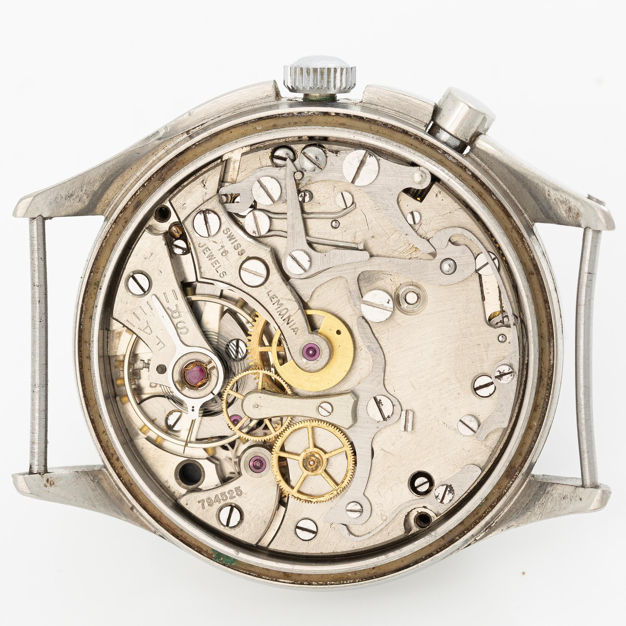 Lemania, Tg 195, "Three Crowns", chronograph, wristwatch, 40 mm.