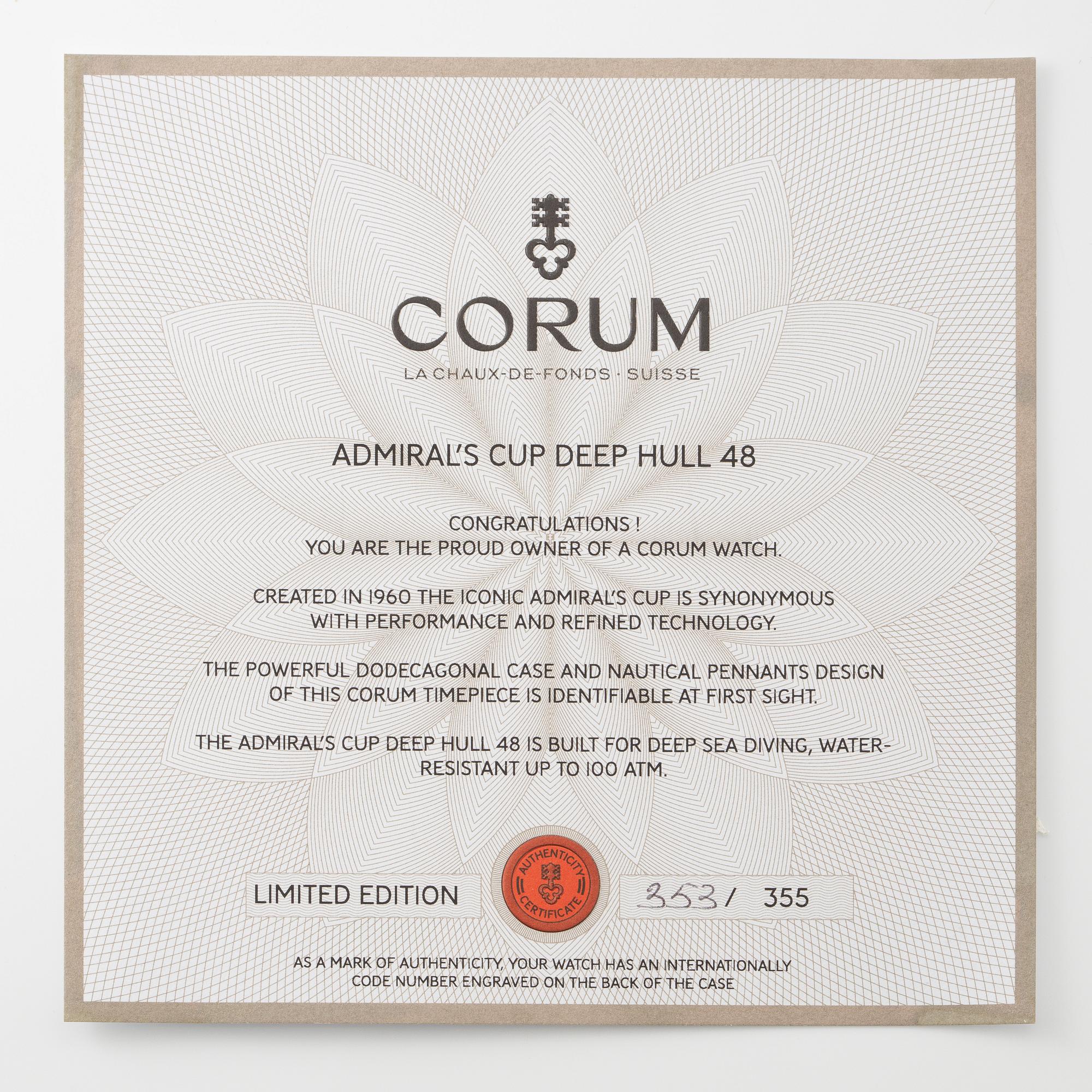 Corum, Admiral’s Cup, Seafender 48, Deep Hull, "Limited Edition", wristwatch, 48 mm.