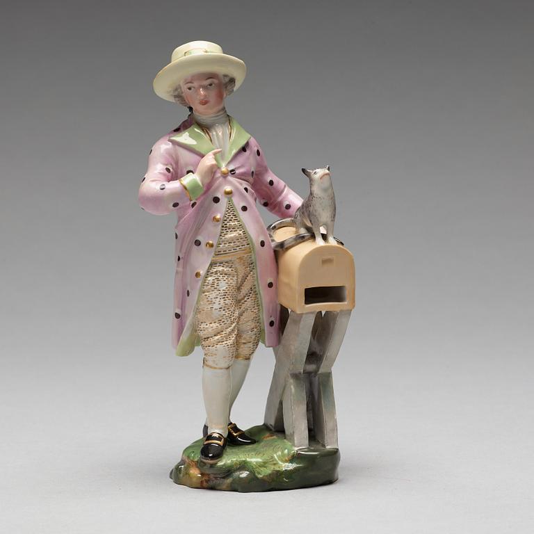 A porcelain figure of a man by the letterbox, "Höchst mark", circa 1900.