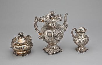 KAFFESERVIS, 3 delar, silver, sterling, rokokostil, bland annat Pehr Fredrik Palmgren, 1863, Stockholm. Vikt 1744g.