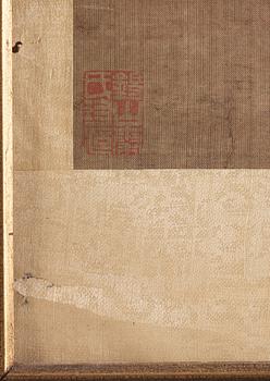 MÅLNING, motiv med lekande hundar vid en trädgårdsklippa, efter Ma Yuanyu (1669-1722), sen Qingdynastin (1644-1912).