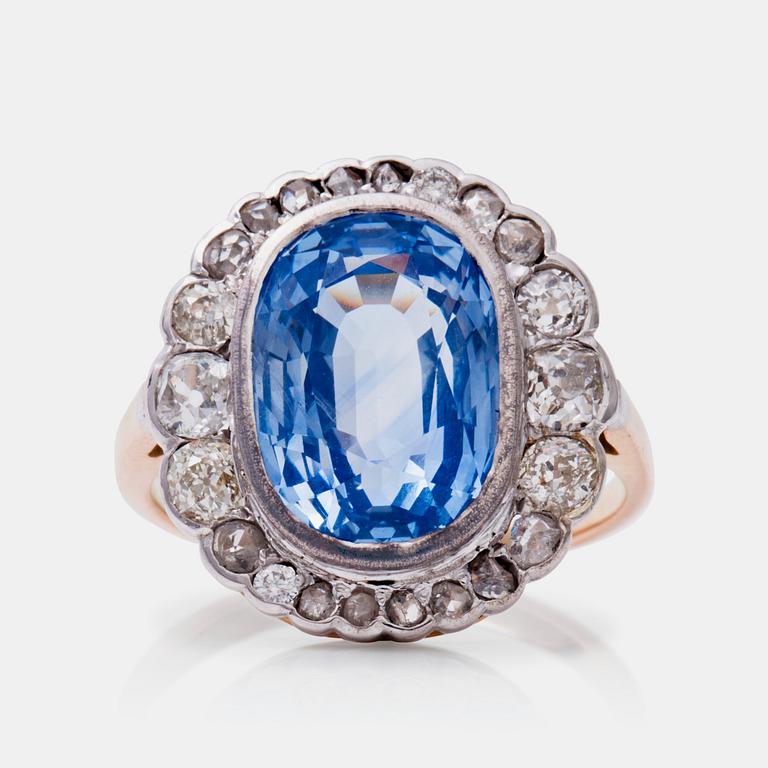 A circa 6.50 ct ceylon sapphire and old- and rose-cut diamond ring.