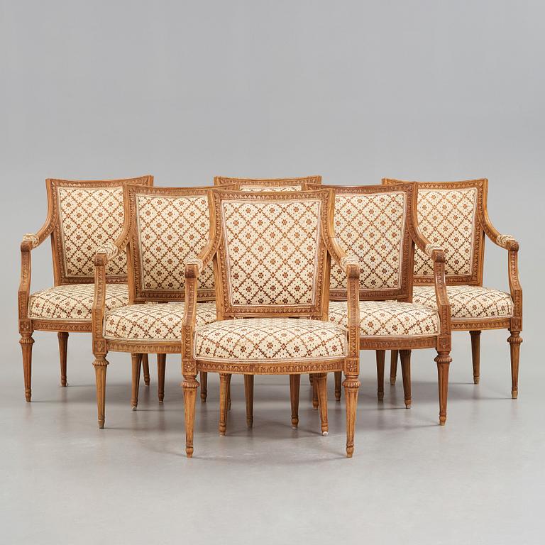 Six Gustavian late 18th century armchairs by Johan Lindgren, master in Stockholm 1770-1800.