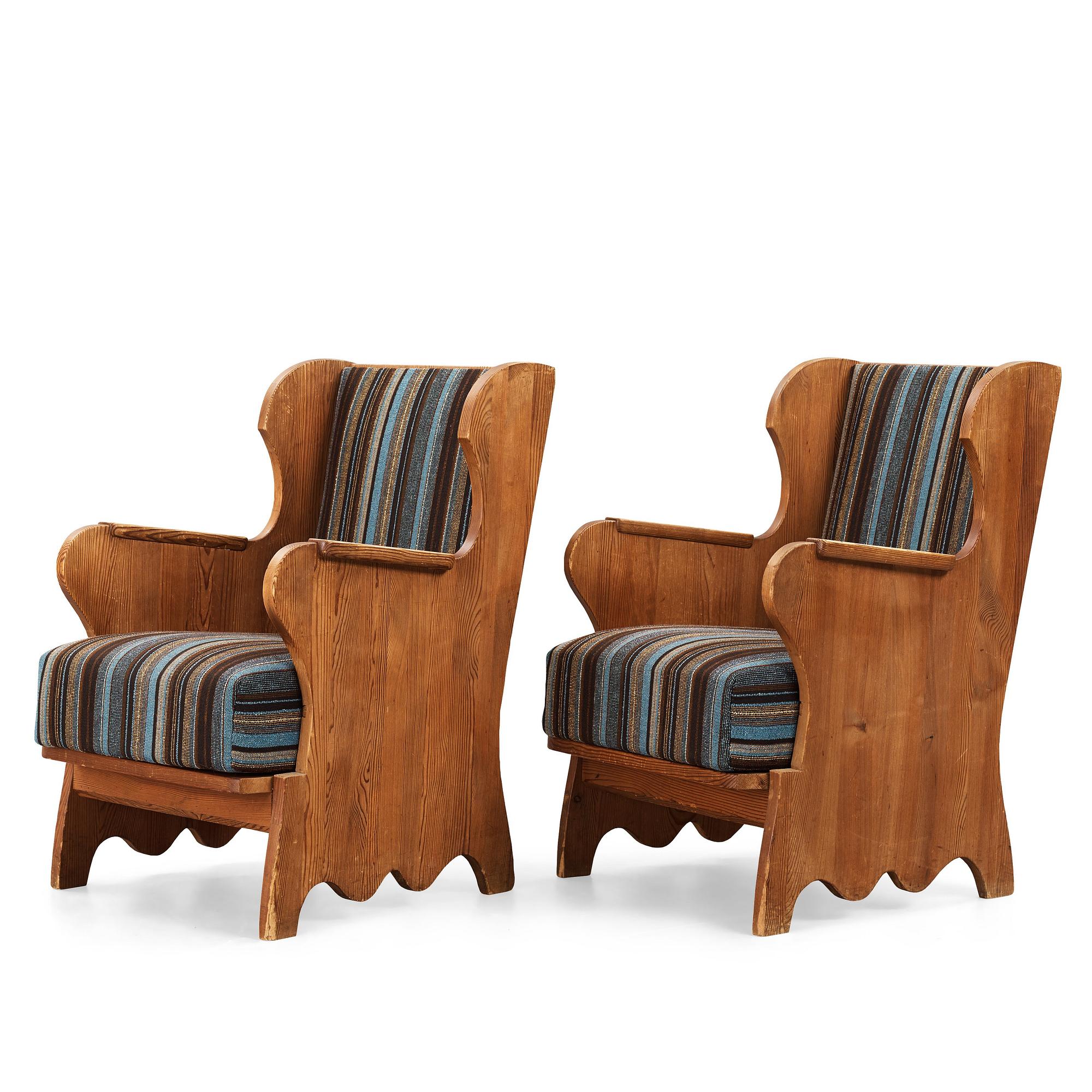 Axel Einar Hjorth, attributed to, a pair of pine "Lovö" easy chairs, Nordiska Kompaniet, Sweden, ca 1939.