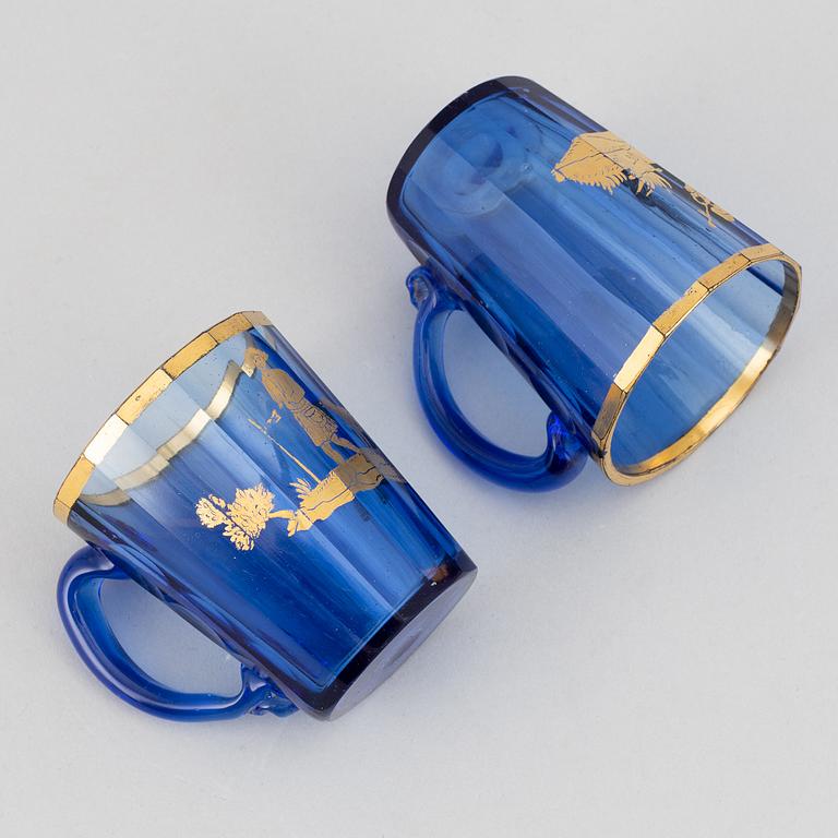 Teglas, 6 st, blått glas, gulddekor, tidigt 1900-tal.