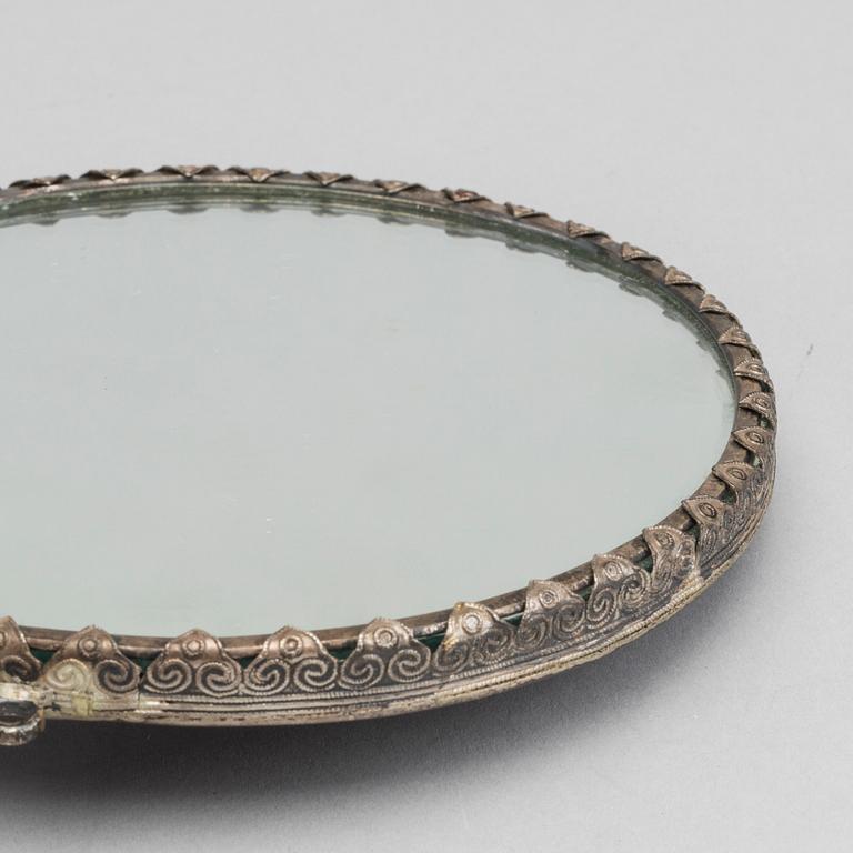 A Chinese silver mirror with carved nephrite placque and belt hook, early 20th Century.