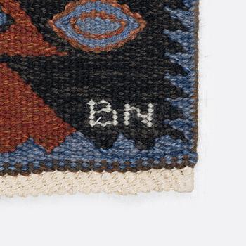 Barbro Nilsson, a carpet, "Tånga brun original", flat weave, c 160 x 160 cm, signed AB MMF BN.