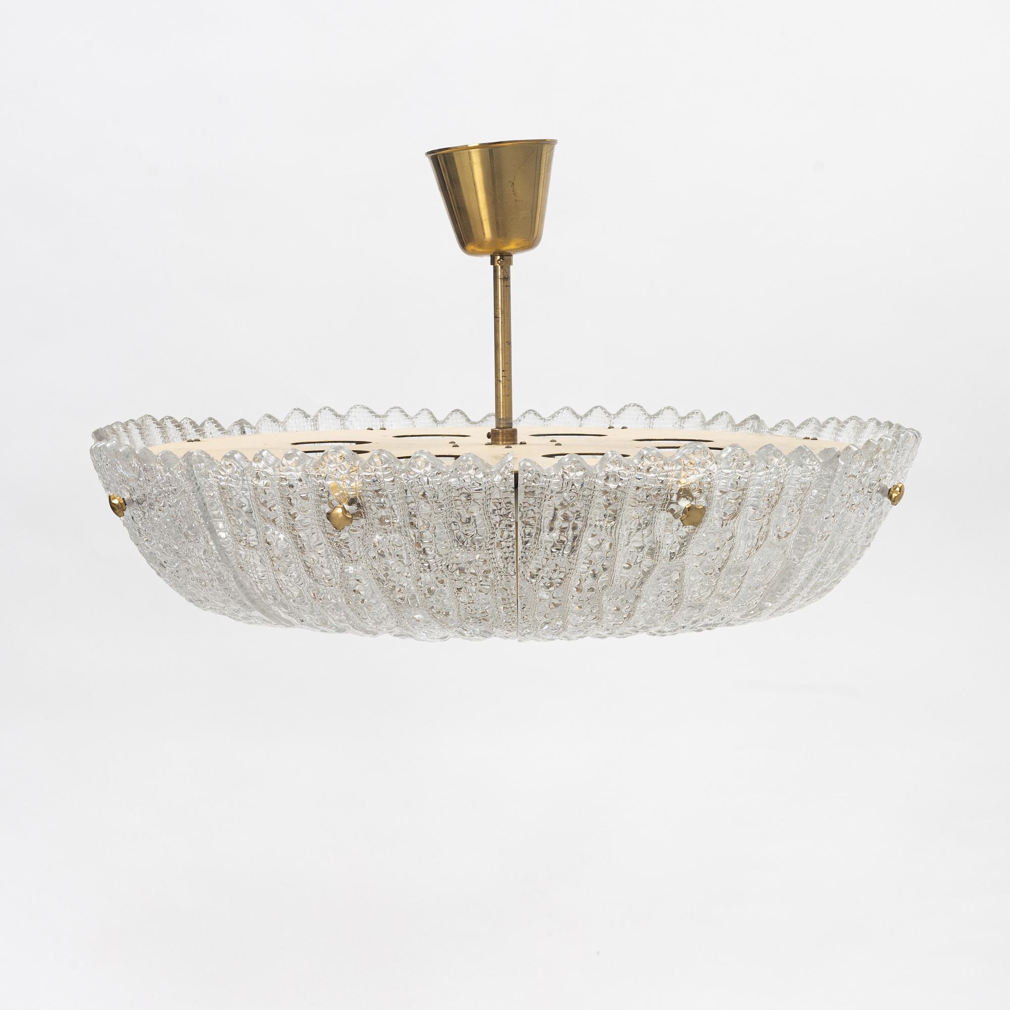 Carl Fagerberg, a glass and brass ceiling light, Orrefors.