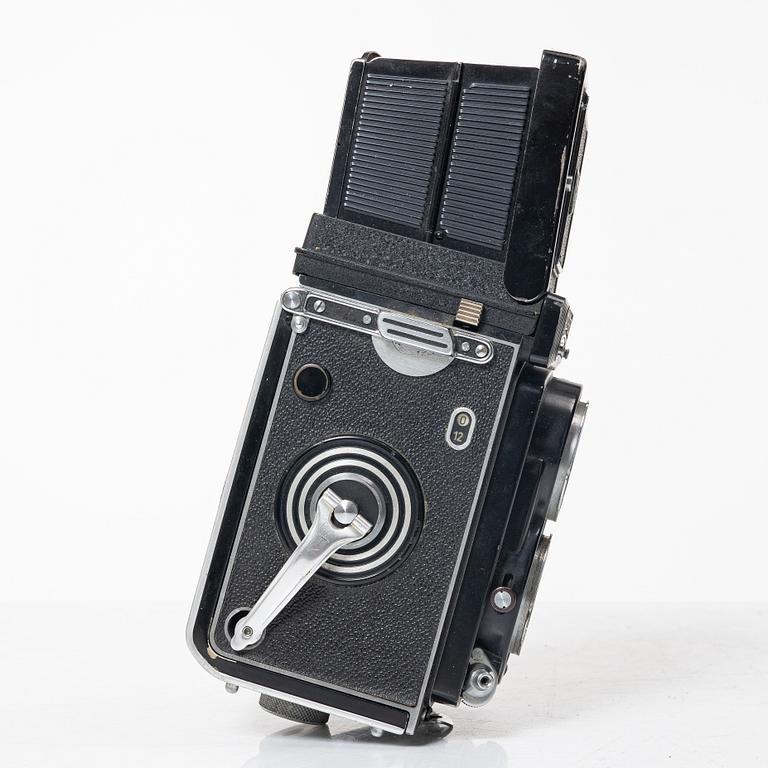 Mellanformatskamera, Rolleiflex, med väska och tillbehör, Franke & Heidecke, 1900-talets mitt, Tyskland.