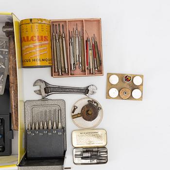 Watchmaking tools and spare parts, including a lathe by Lorch.
