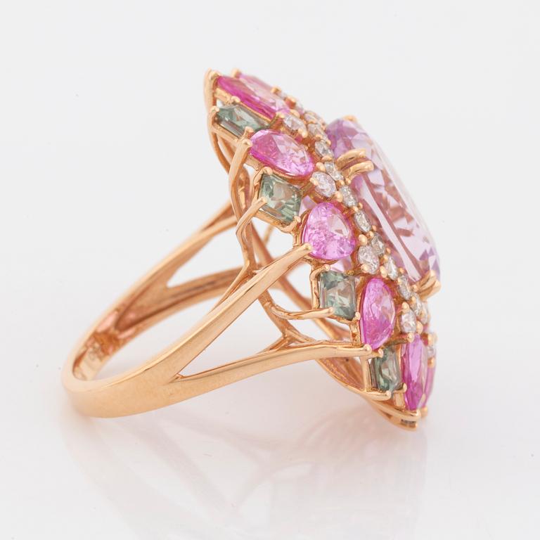Kunzite, pink and green sapphire and brilliant  cut diamond cocktail ring.
