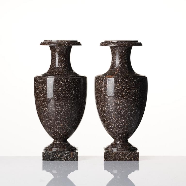 A pair of Swedish early 19th century 'Blyberg' porphyry urns.