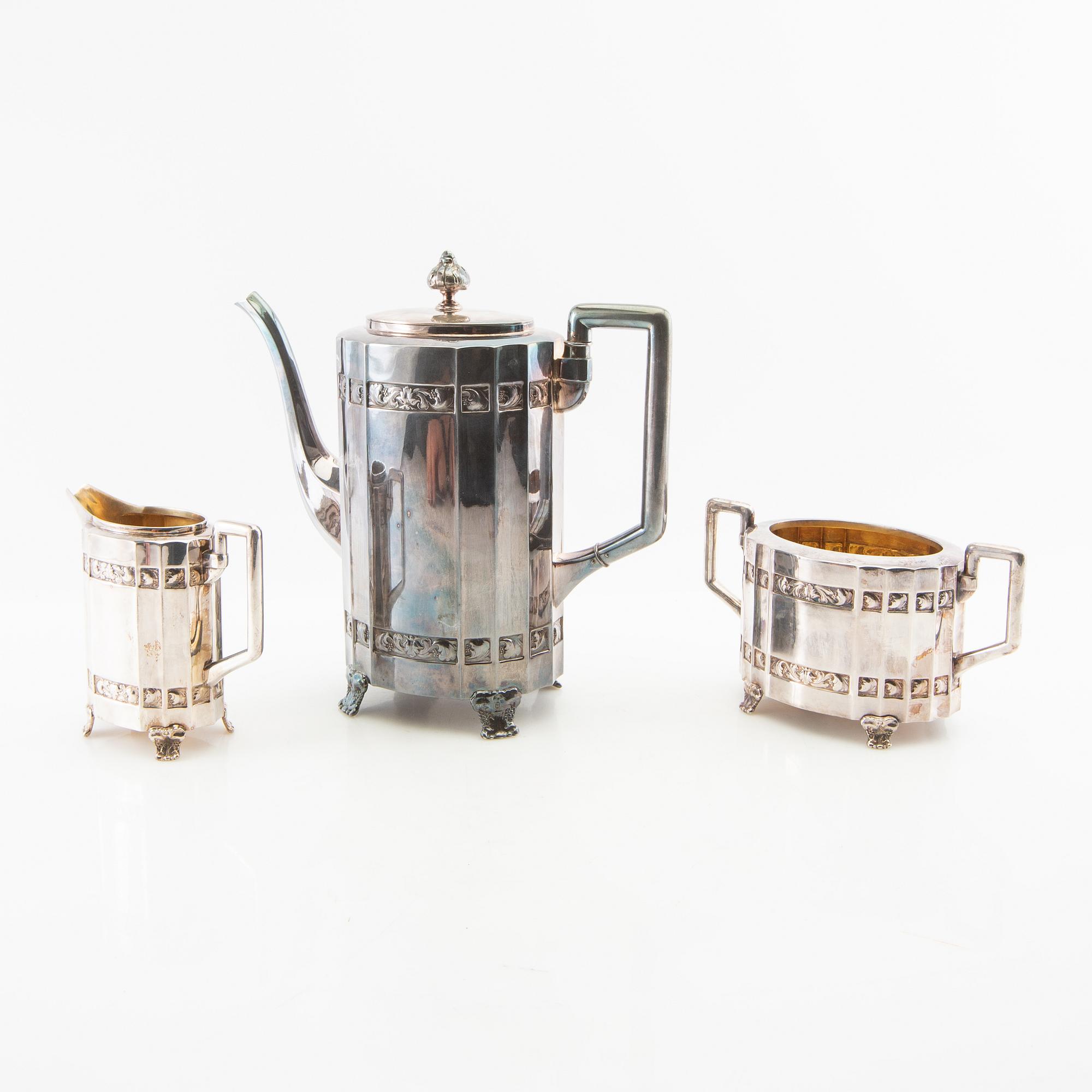 Coffee service 3 dlr CG Hallberg silver plate early 20th century.