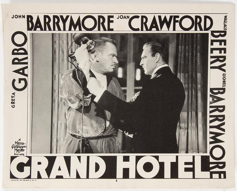 LOBBYCARD, 8 st, "Grand hotel", film med Greta Garbo, från tidigt 1950-tal, MGM.