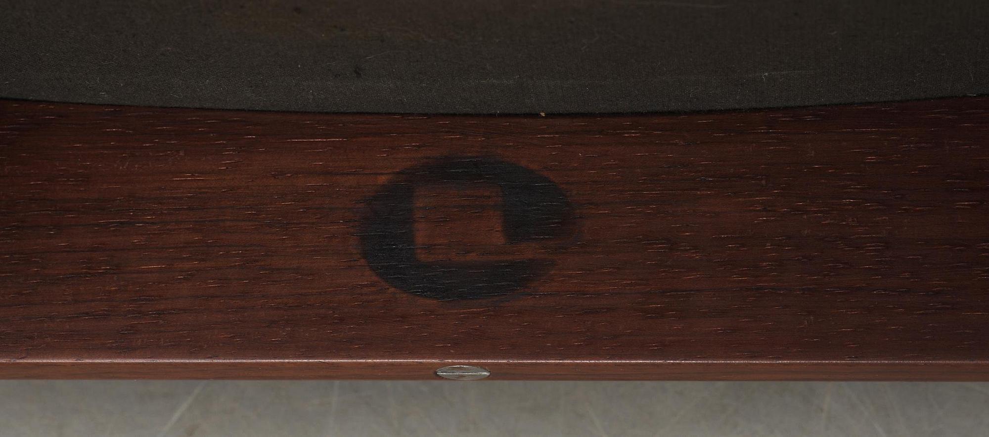 A pair of Ib Kofod Larsen palisander and black leather 'Elisabeth' easy chairs, Christensen & Larsen, Denmark 1950-60's.