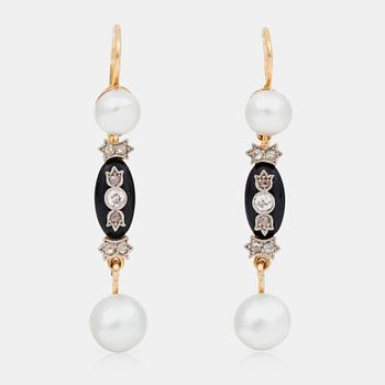 637. A pair of natural saltwater pearl, onyx and rose-cut diamond earrings.