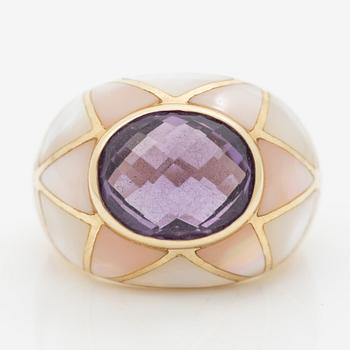 14K gold ring with mother-of-pearl and an oval checker-cut amethyst.