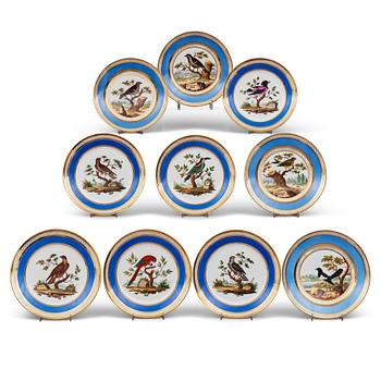 339. A set of 10 French ornitological dessert plates, signed Schoelber, 19th Century. (8+2).