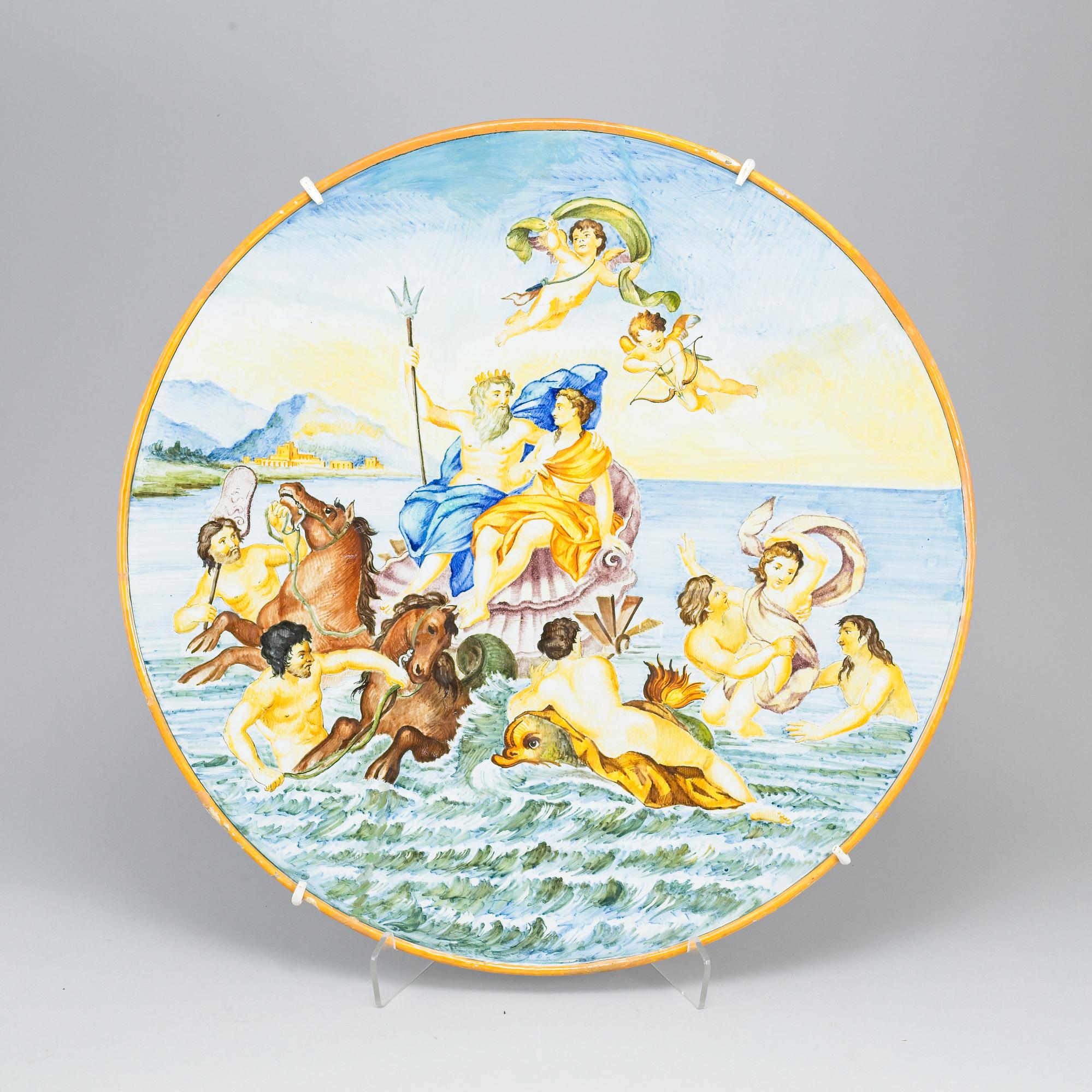 A large majolica 'istoriato' dish and two plates, 20th Century.