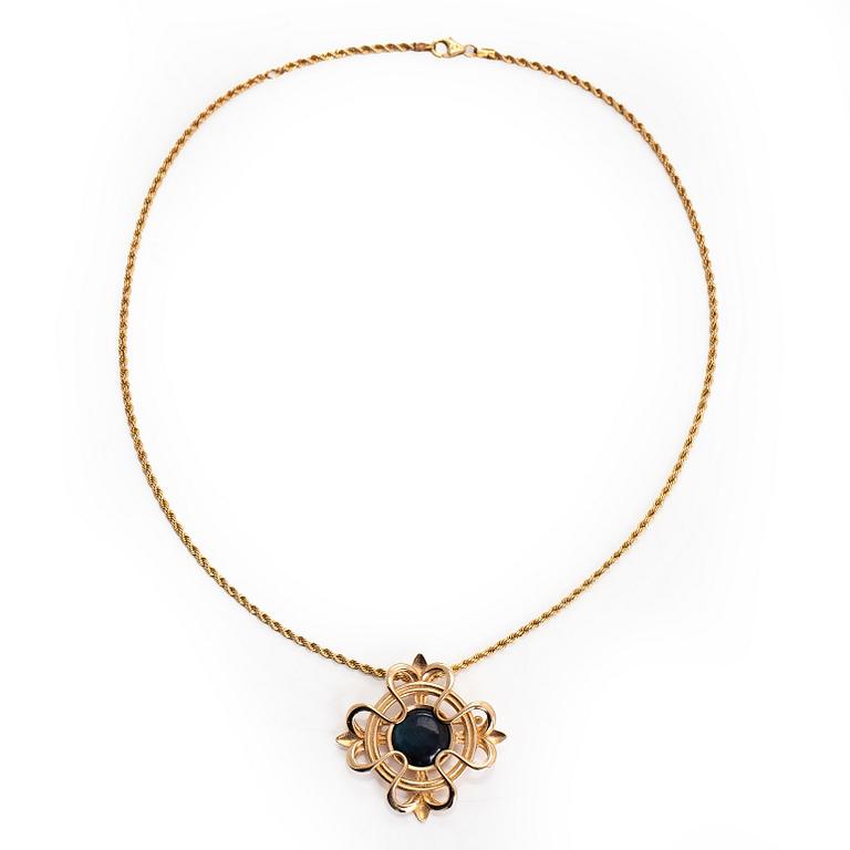 Kalevala Koru, a pendant/brooch with chain, "Lily", 14K gold and spectrolite. Helsinki 2002.