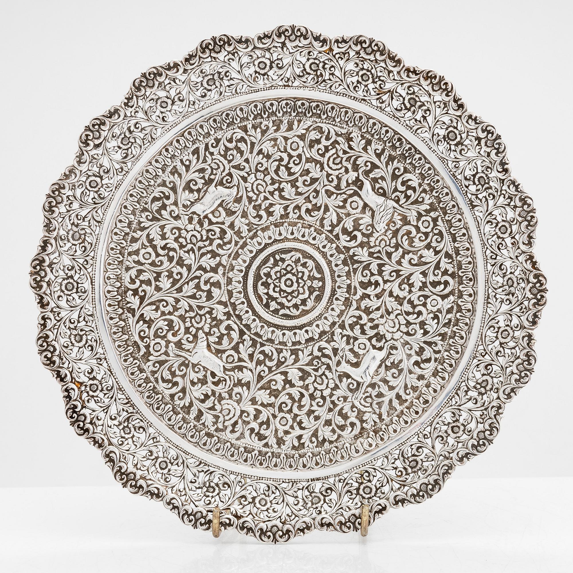 A silver salver, India late 19th century.