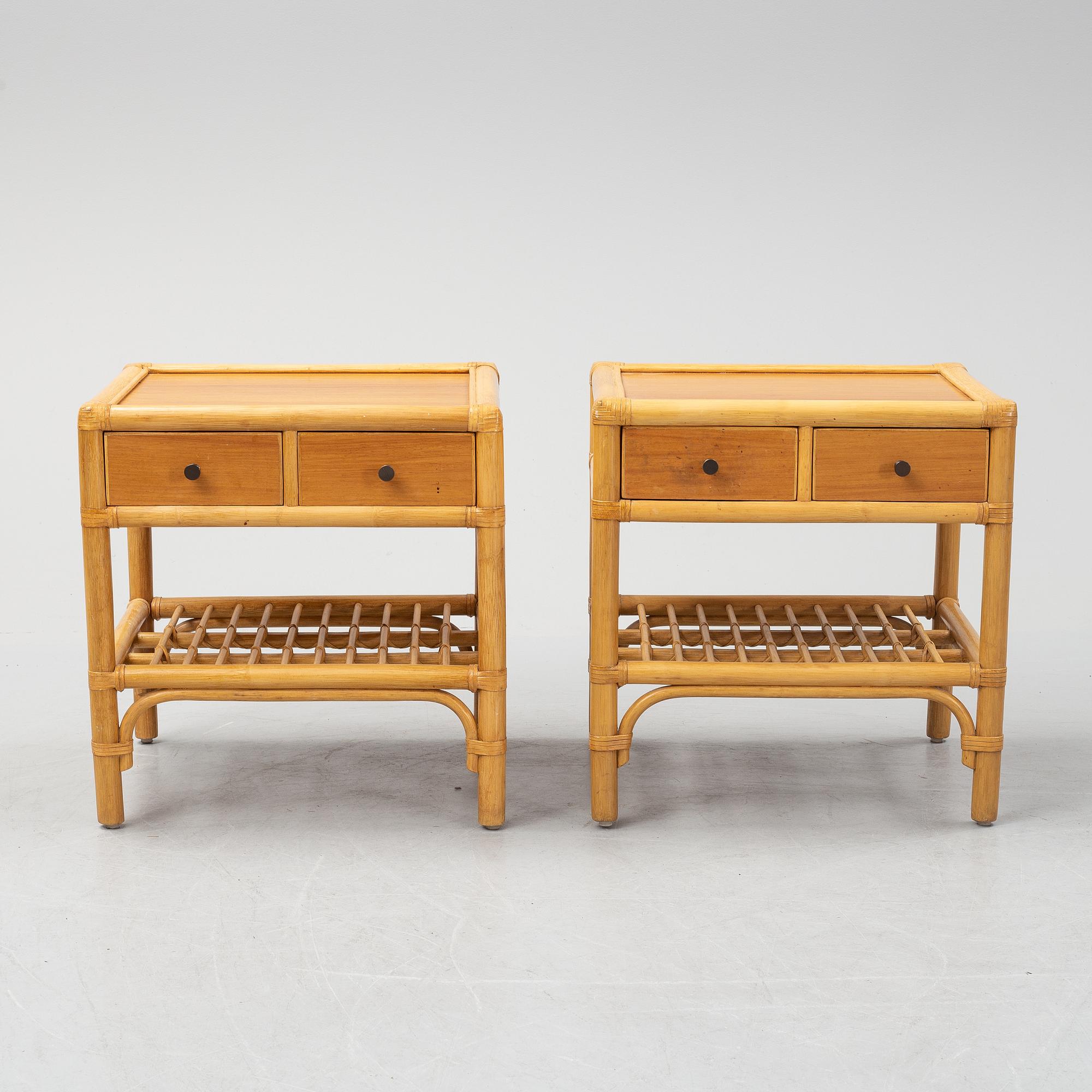 A pair of teak, bamboo and rattan bedside tables, late 20th Century.