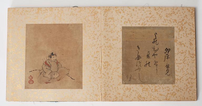 ALBUM, 12 målningar med kalligrafi. Japan, Meiji (1868-1912).