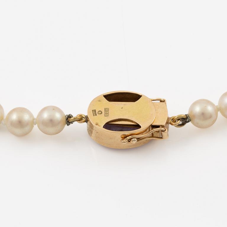 Necklace with imitation pearls, clasp 18K gold with amethyst, spacers 18K gold with pearls and diamonds.