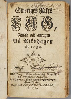 LAGBOK, Sweriges Rikes Lag, antagen 1734, Stockholm 1762.