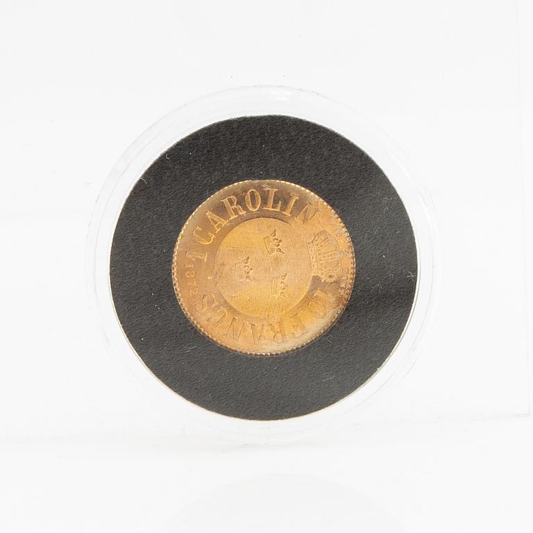 Guldmynt Sverige, Karl XV 1 Carolin 20 Francs, 1872.