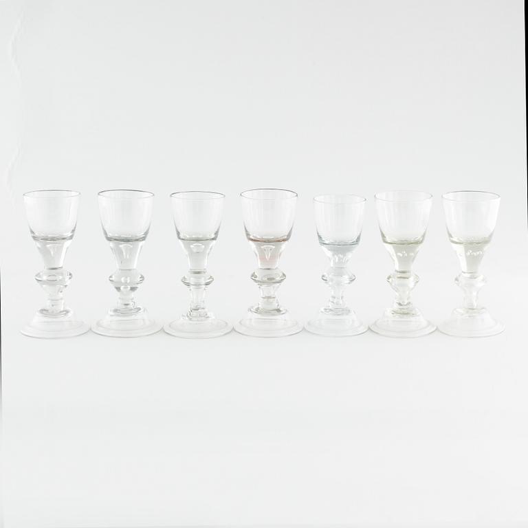 Seven wine glasses from the 18th century.