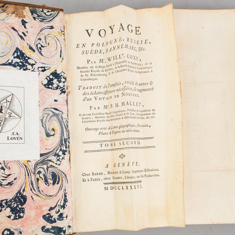 A set of 4 book, William Coxe: Voyage en Pologne, Russie, Suède, Dannemarc,  1-4 vol.   Buisson, Genève, Buisson, 1786.