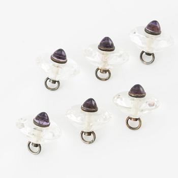 Buttons, 6 pcs, silver with faceted rock crystal and cabochon-cut amethysts.