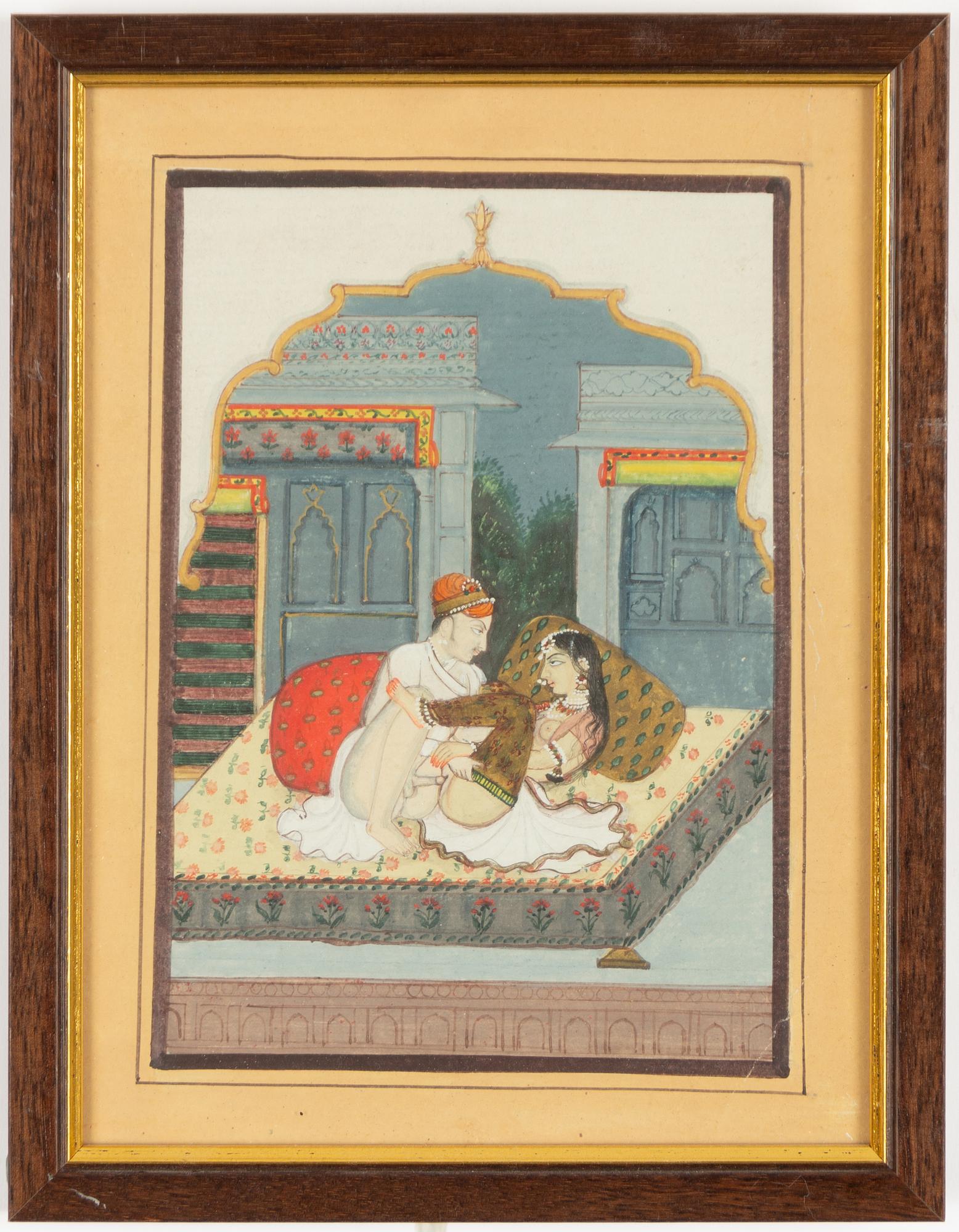 Unidentified artist, Erotic scenes in palace settings, India, 20th century. Two pieces.