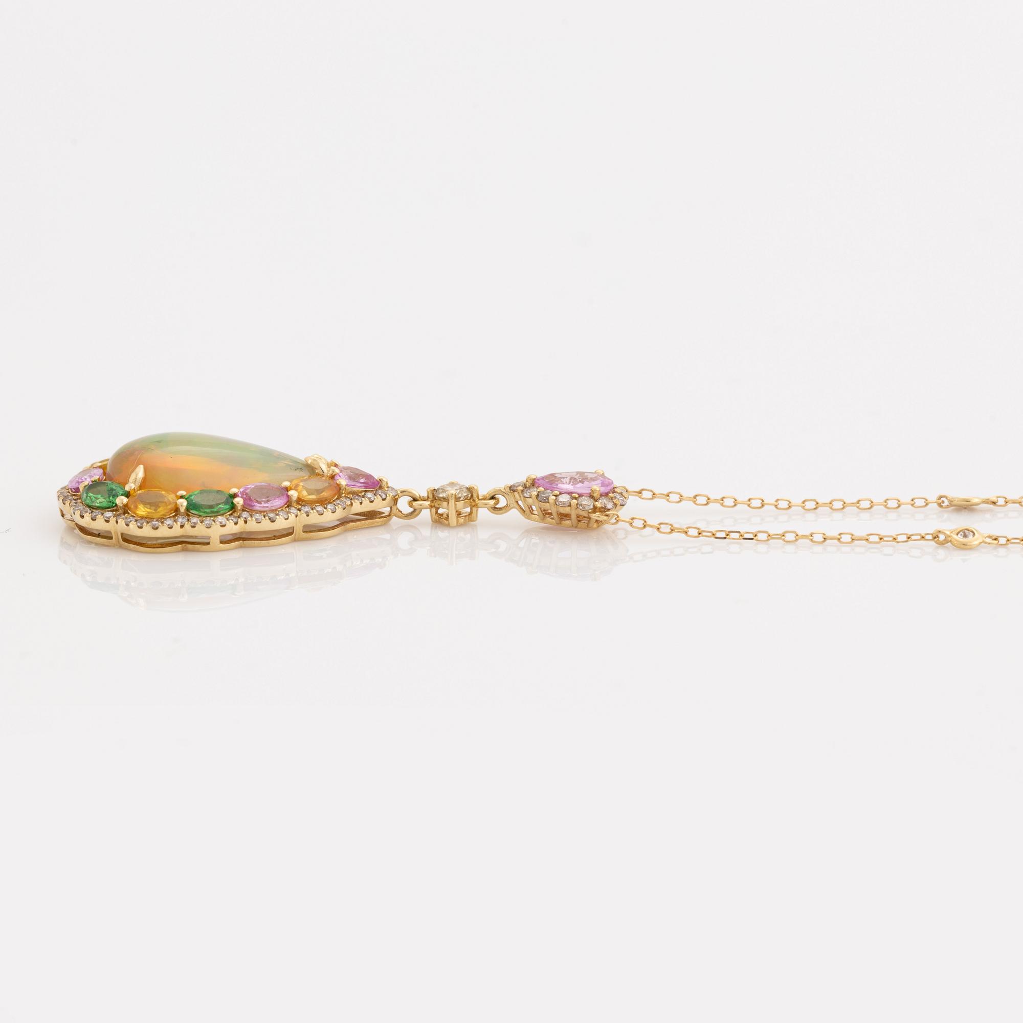 Opal, orange and pink sapphire, tsavorite and brilliant cut diamond necklace.