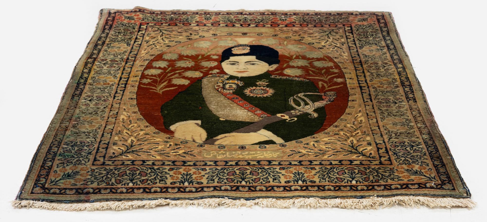 An antique pictoral, part silk Kashan 'Mohtasham' rug, Central Persia, c. 87 x 65 cm.