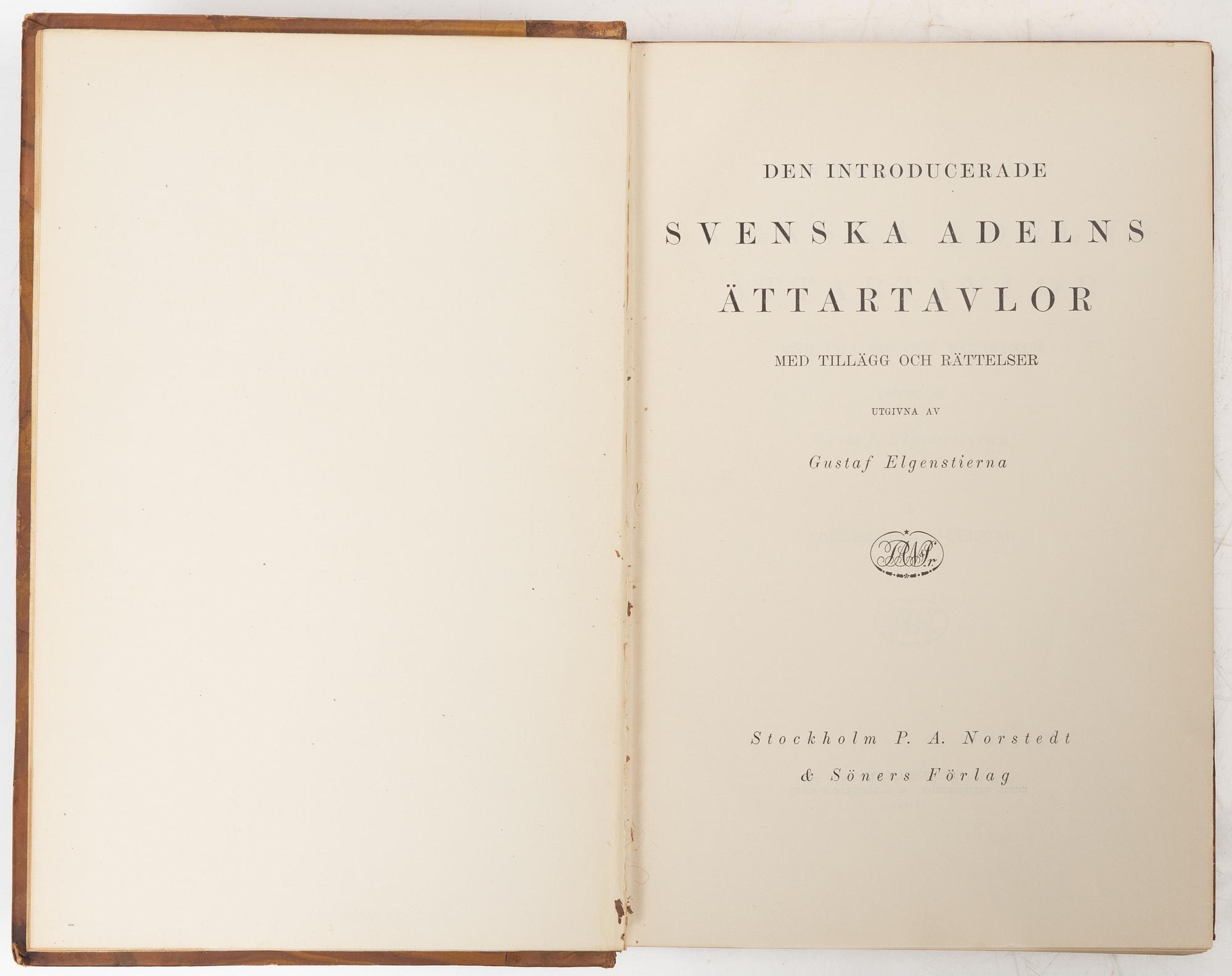Nine volumes of Gustaf Elgenstierna's 'Den introducerade svenska adelns ättartavlor', 1925-1936.
