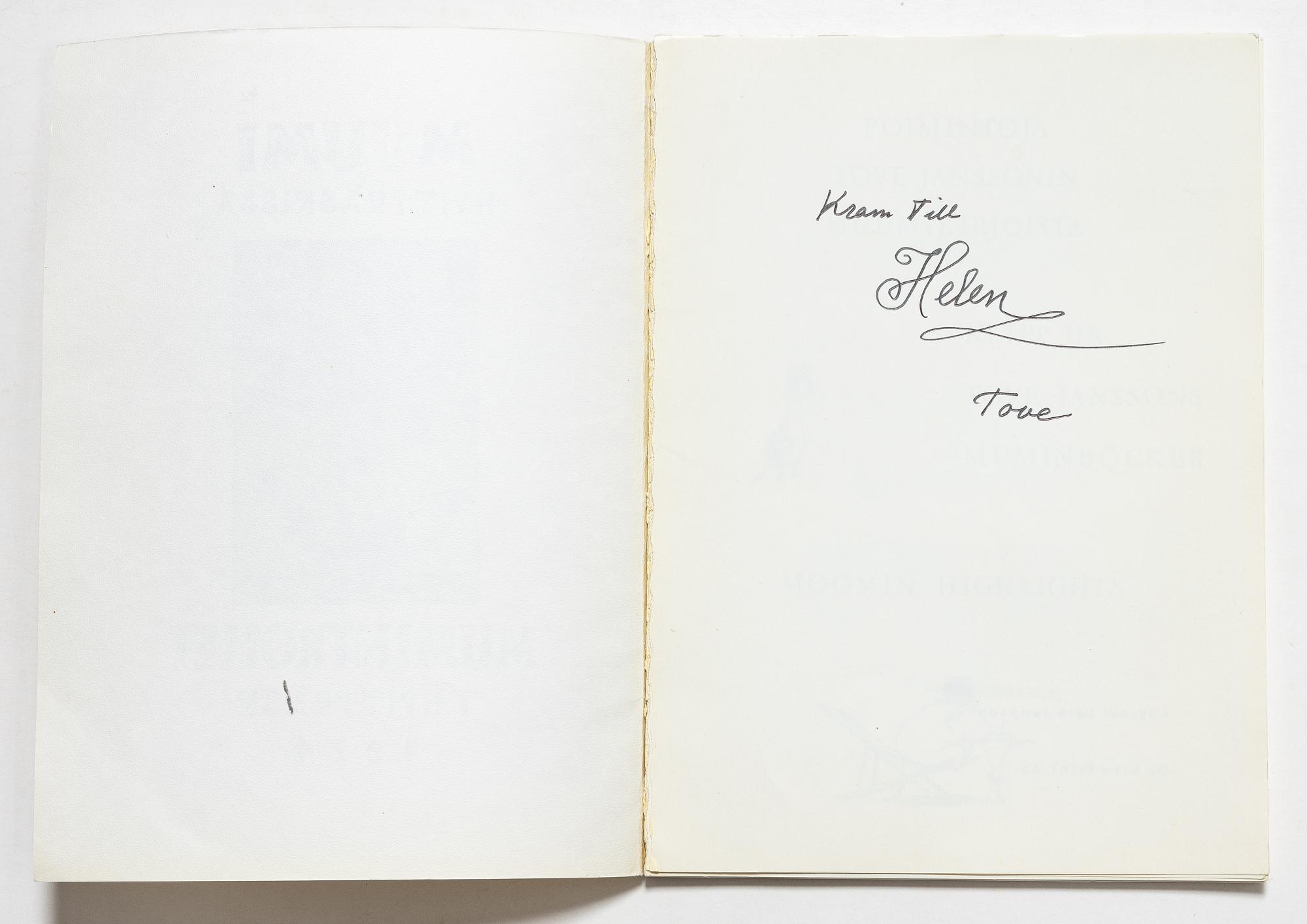 Tove Jansson, book, 'Muumi Hvitträskissä Mumintrollet i Hvitträsk 1974' signed, along with two signed postcards.