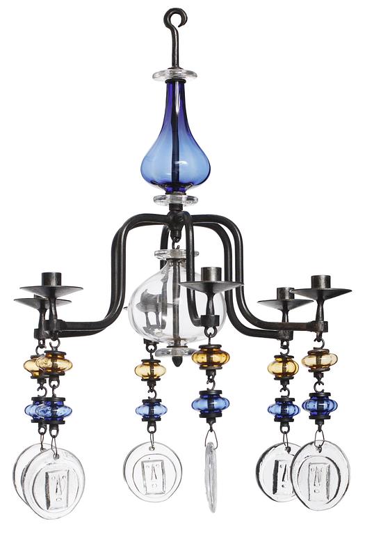 An Erik Höglund iron and glass chandelier for 6 candles, Boda Glasbruk & Smide, Sweden 1960's.
