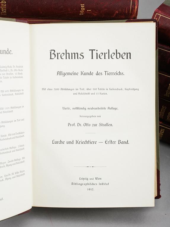 ALFRED BREHM, "Brehms Tierleben, Allgemeine Kunde des Tierreichs", 13 volymer, Leipzig och Wien 1911-1918.