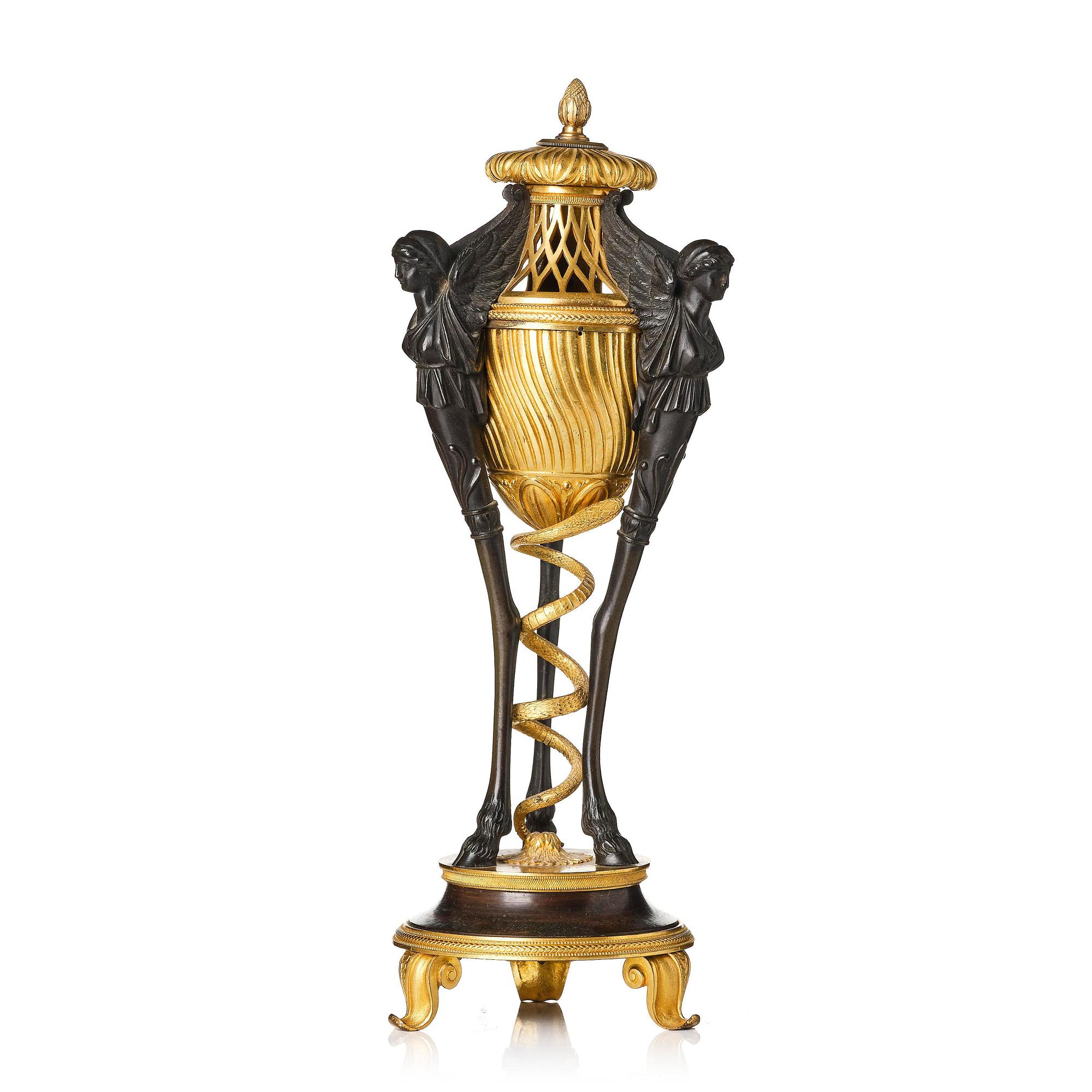 A French gilt and patinated bronze Empire-style brûle-parfum, later part 19th century.