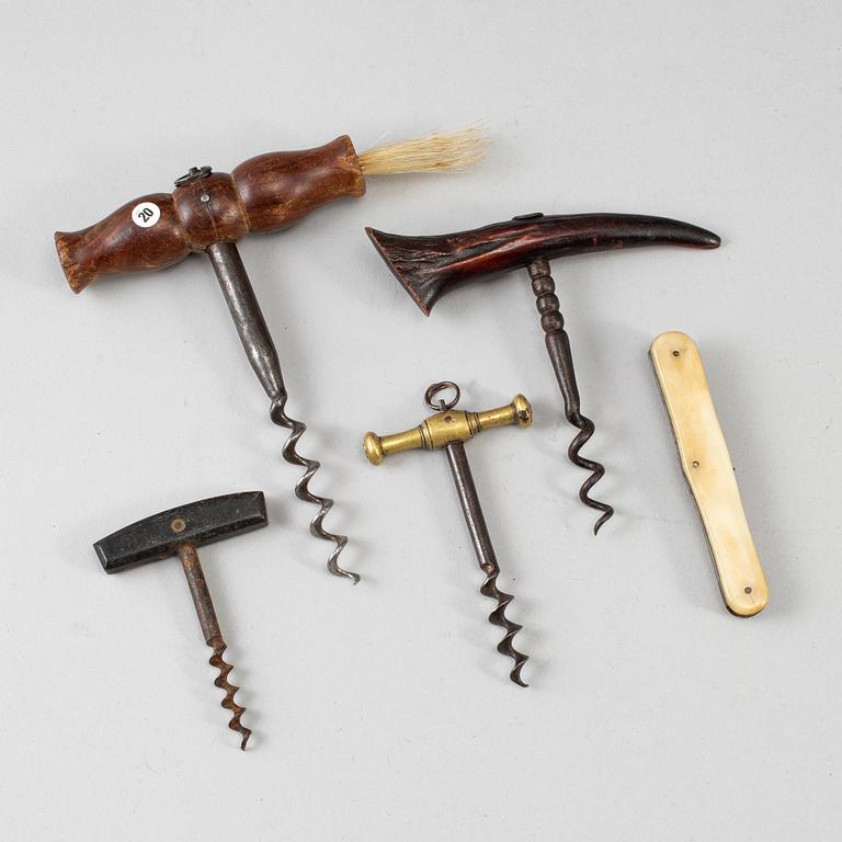 Five cork screws, 19th/20th centiury.