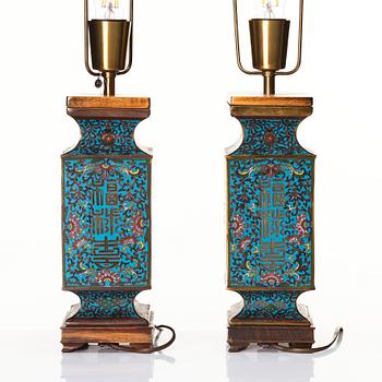 A pair of cloisonné vases/table lamps, Qing dynasty, 19th century.