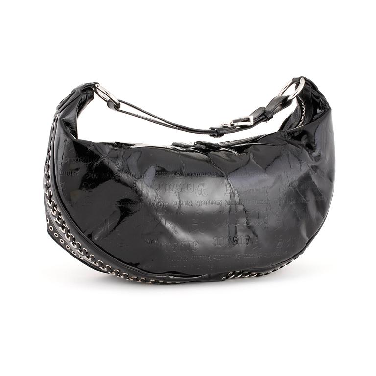 VERSACE, a black patented leather handbag.