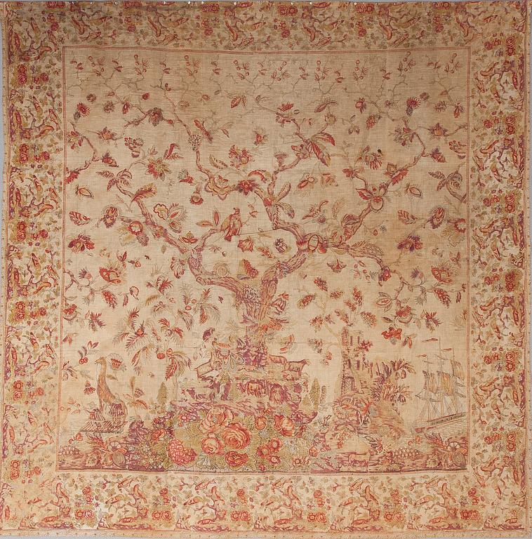 KANGASTAPETTI, painettu ja maalattu, luultavasti 1700-luku, 251x251 cm.